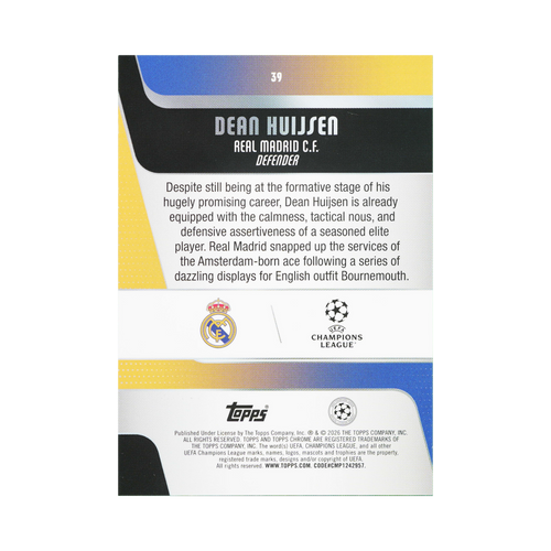 Dean Huijsen 2025/26 Blue Refractor #39 033/150, back view